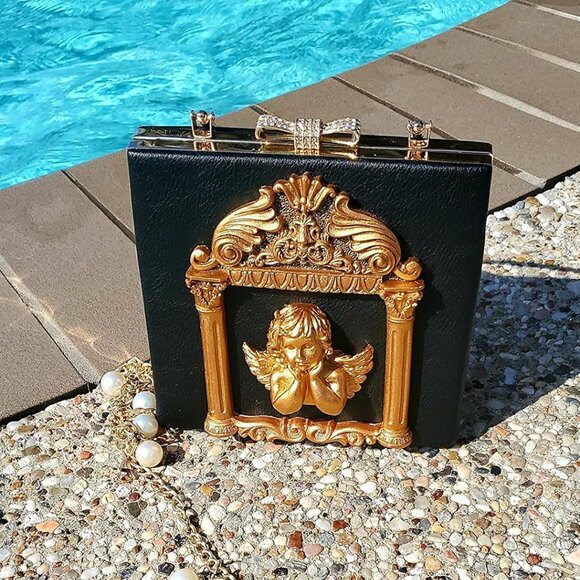 ⚡Women's Rose Embossed Love Angel Evening Formal Black Gold Crossbody Clutch Bag - Picture 4 of 5